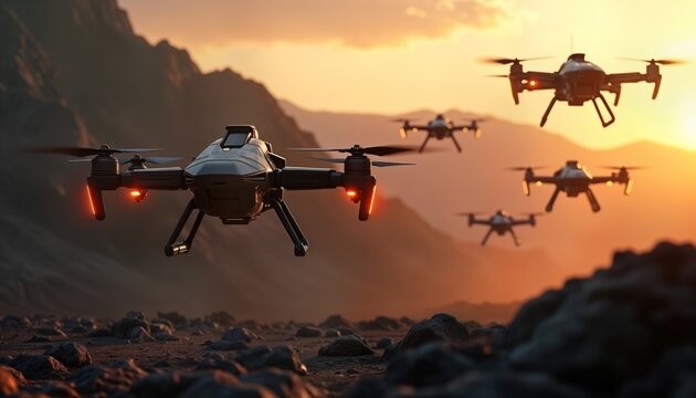 Swarm of combat drones fly over rocky terrain at sunset. Futuristic tech warfare scene. Aerial assault by unmanned aerial vehicles. Strategic military operation in action. Drones show advanced tech