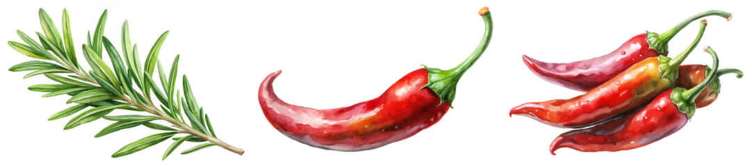 Fresh rosemary sprig, vibrant red chili peppers, watercolor illustration, culinary herbs, food decoration, cooking ingredients.