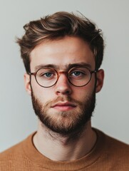 Obraz premium Serious Young Man with Glasses and Beard Against Soft Neutral Background Portrait with Ample Copy Space for Text, Interior Studio Lighting