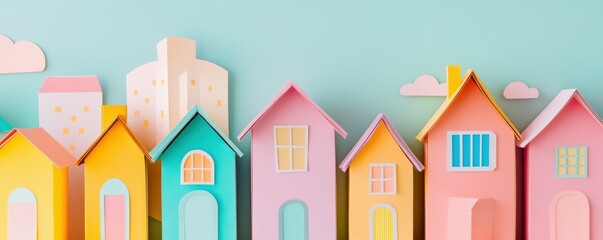 colorful paper houses, whimsical design, bright colors, playful decor, sweet home concept, craft art, cheerful background, kids art inspiration, pastel shades, creative decoration