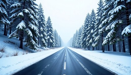 Grey asphalt road with snow-covered trees surrounding it, grey road, frozen landscape, snowy landscape