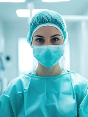 Portrait of young female dentist wearing teal surgical attire and mask in bright hospital ward featuring large empty space for text and soft lighting
