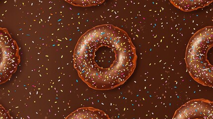 Donut glaze with sprinkles forms a seamless chocolate-textured background. Vector art illustration.