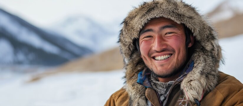 Joyful man wearing traditional papakha hat outdoors in winter landscape with snow-covered mountains and large blank space for text, close-up in soft natural light.