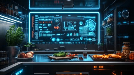 Obraz premium High-tech kitchen with a holographic interface. Perfect for smart home and futuristic lifestyle themes.
