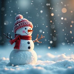 Fototapeta premium Frosty little snowman amidst falling snowflakes, cold, frozen, snow