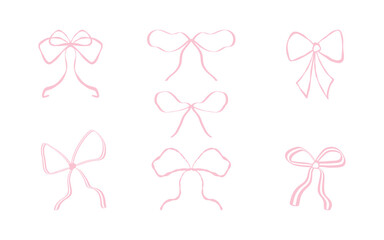 Trendy style girls hairstyle accessories. Cute coquette aesthetic pink ribbon bow collection. Isolated girly vintage elements. Vector illustration.