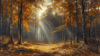 Fototapeta premium Sunlit autumn forest path, golden leaves.