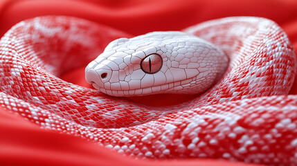 Fototapeta premium A white snake with red markings on its body is laying on a red cloth