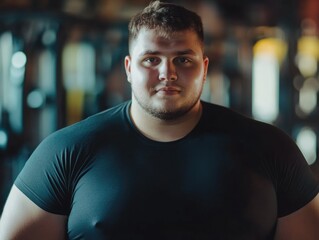 Obraz premium Overweight young man in black shirt looking determined in a gym setting with blurred workout equipment in the background and ample copyspace for motivational text.
