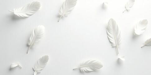 White feathers softly falling on a pure white background, gentle, calm, serenity