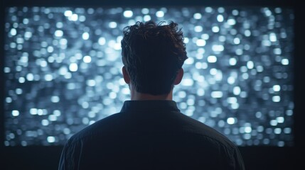 Caucasian man with curly hair standing in back view, gazing at glowing animated content visualization on a large screen, featuring digital streaming data and social media profiles, against a dark back