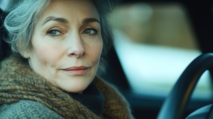 Mature woman with silver hair driving a car wearing a stylish coat, soft natural light highlighting her features, ample negative space for text.