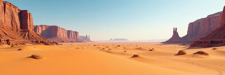Naklejka premium Desert landscape with vast sand dunes and rock formations, vast space, arid land, emptiness