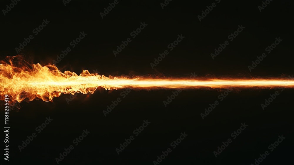 Poster Horizontal line of fire burning brightly with intense flames and smoke creating a dramatic and powerful visual effect on a dark backdrop, suitable for various design projects and visual effects