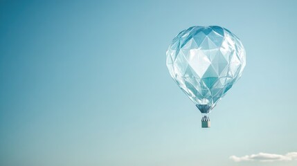 Transparent blue hot air balloon soaring in a clear sky with soft clouds, showcasing expansive empty space for text and bright natural light.