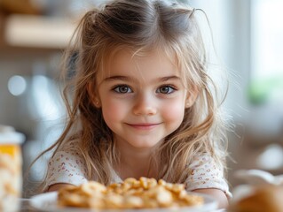 Naklejka premium Charming young girl with long, wavy hair enjoying a wholesome breakfast indoors, bright natural light enhancing her joyful expression, soft pastel tones, ample copyspace.