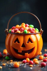 Naklejka premium Large pumpkin bucket full of candy and glitter, candy, overflowing