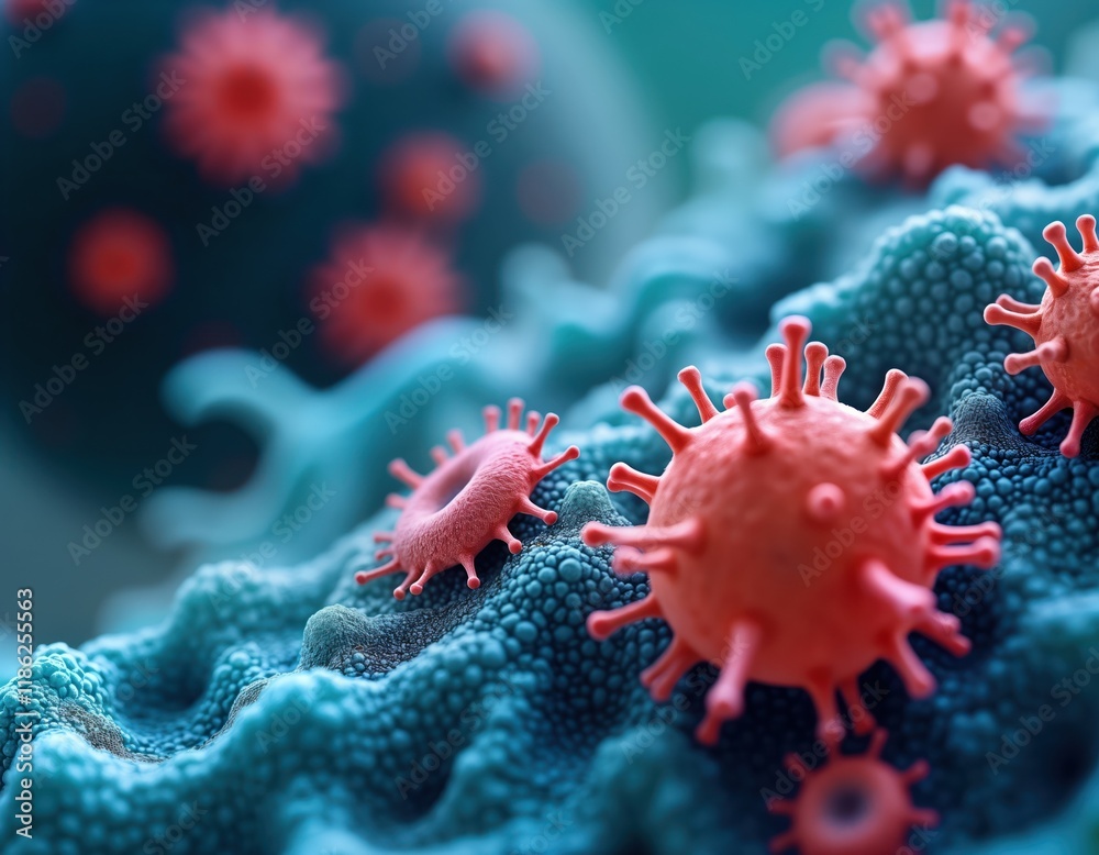 Aufkleber electron microscopy viruses, bacteria. microorganisms infect cells. closeup view of viral, bacterial