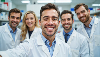 Fototapeta premium Group of scientists smiling for a selfie in laboratory, teamwork spirit