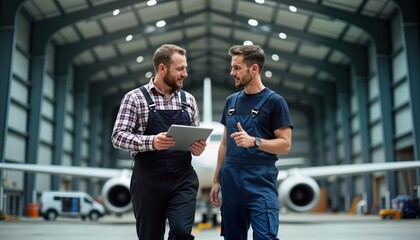 Two flight engineers walk, discuss in large aircraft hangar. Use tablet. Setting indoor hangar...