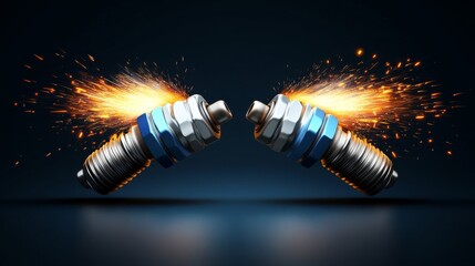 Sparks fly between two automotive spark plugs in a dynamic display of ignition