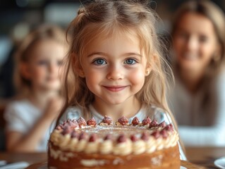 Naklejka premium Happy little girl celebrating birthday with family, centered view of the cute child in front of a decorated cake, warm colors, indoor setting, soft focus on relatives in background, ample empty space