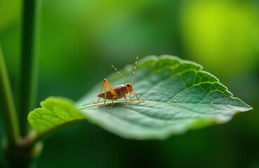 Fototapeta premium Close-up view of small orange-brown cricket nymph on rich green leaf. Insect sits atop leaf with blurred green background. Image highlights details of insect body, legs. Photo suitable for nature