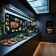 High-tech kitchen with a holographic interface. Perfect for smart home and futuristic lifestyle themes.