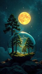 Naklejka premium Towering trees and a glowing moon illuminate a forest inside a glass globe, trees, isolation, solitude
