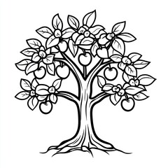 Obraz premium Orchard apple tree line drawing, illustration, white background, children's book