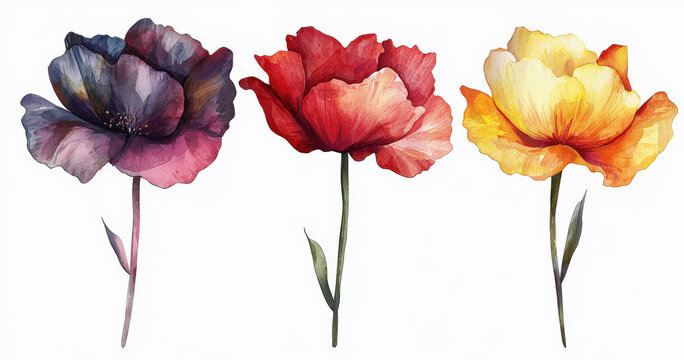 3 amapolas de primavera pintadas de acuarela en tonos rojo, amarillo y purpura sobre fondo blanco
