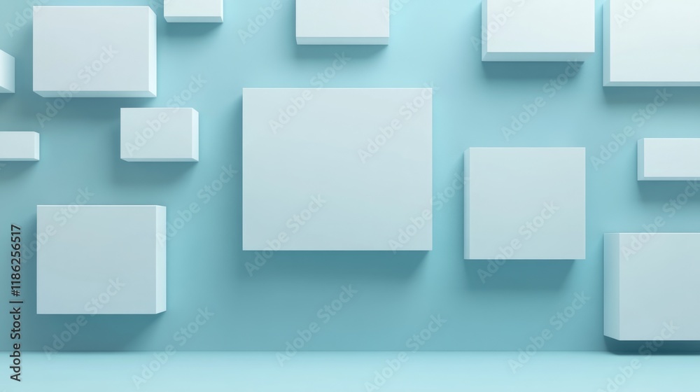 Poster abstract 3d layout with floating white cubes against light blue background representation of creativ