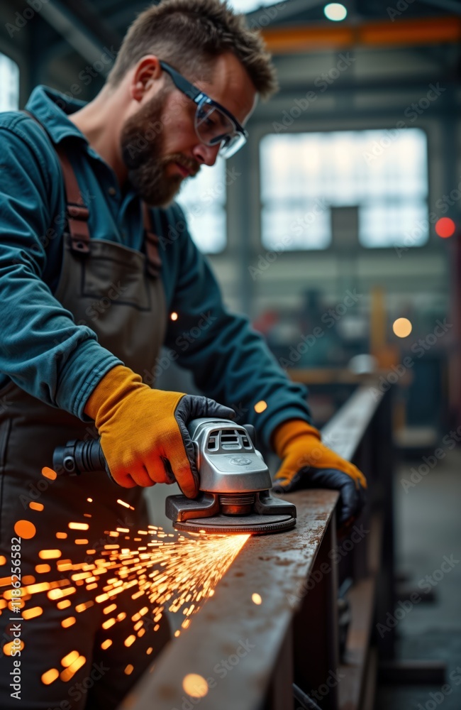 Aufkleber man in workwear uses electric grinder on steel structure in factory. sparks fly during metal grindin