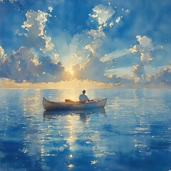 Solitary canoeist paddles calm water, sunset sky.