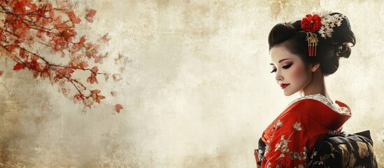 Japanese bridal portrait featuring a woman in a red kimono with floral accents against a textured beige background, left side empty for text, soft focus.