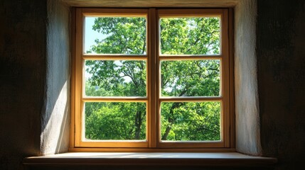 Wooden window frame with natural light illuminating green trees outside, spacious empty area for text, captured from a close-up angle, warm tones.
