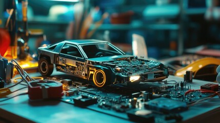 Diverse children engaged in hands-on learning with digital electronic tools and a robotic car model on a workshop table surrounded by wires and equipment