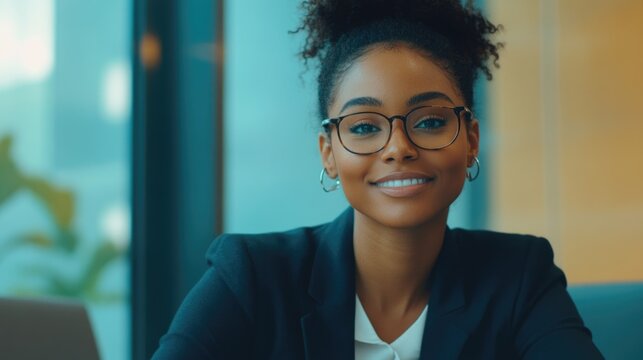 Confident African American female trade manager in modern office, wearing glasses and suit, smiling at desk with large window, bright natural light, professional atmosphere