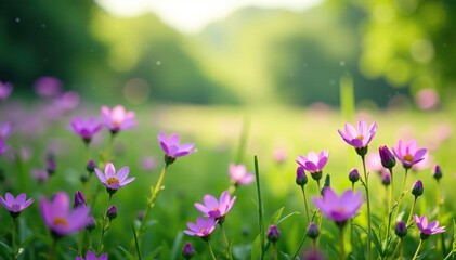 Fototapeta premium Softly swaying purple wildflowers in a lush meadow landscape, flowers, meadow