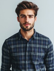 Fototapeta premium Smart casual dressed young man with stylish hairstyle posing in front of a light grey background with ample copyspace for text and branding.
