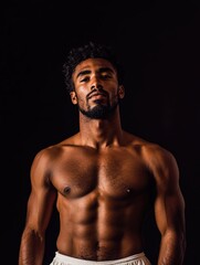 Fototapeta premium Muscular African American man with toned physique standing confidently against a black background showcasing defined abs and strong arms with ample copy space for text.