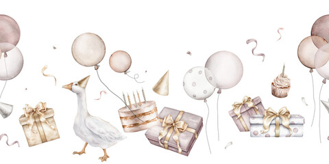 Seamless Birthday Celebration Border with pastel color gifts and gooses. Beige trends colors balloons and confetti and red cherry. Hand drawn watercolor illustration of isolated © Ekatmart