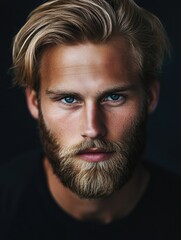 Fototapeta premium Nordic man with stylish beard and piercing blue eyes against dark background, portrait composition with ample copyspace for text.