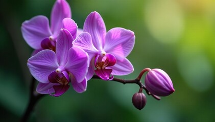 Delicate purple orchid petals unfolding from a sturdy branch, plant life, branch, nature