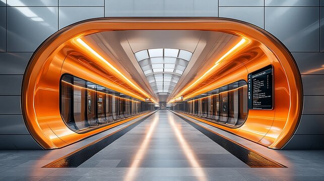 Futuristic train station platform with orange archway and digital displays.