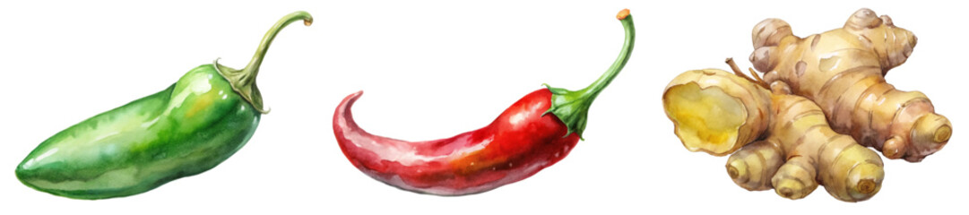 Fresh green jalapeno, vibrant red chili, organic ginger root, watercolor illustration, culinary herbs, healthy ingredients.