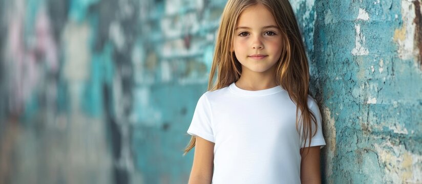 Child model in casual urban setting wearing plain white t-shirt with ample space for logo or design against colorful graffiti wall background.