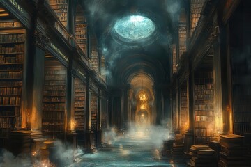 Fototapeta premium ancient library interior with towering oak bookshelves, mysterious glowing manuscripts, floating dust particles, and hidden magical secrets, fantasy illustration