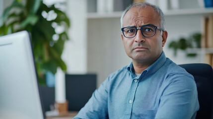 Middle aged Indian man wearing glasses displaying concern while seated at his bright office desk, soft natural light, with ample copyspace for text backdrop.